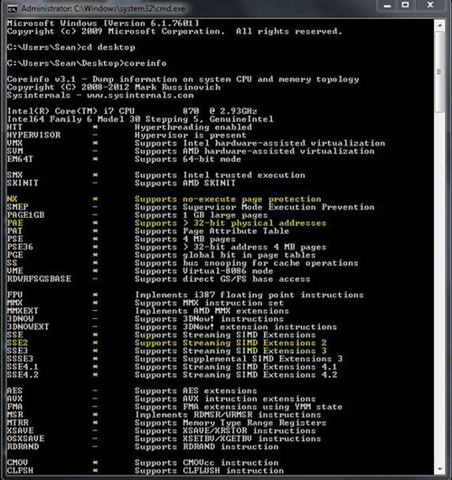 Windows Command Prompt, CoreInfo Information